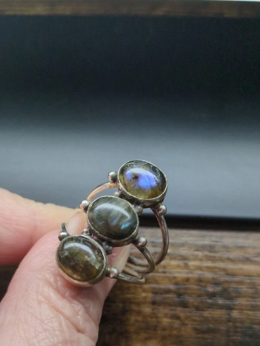 Triple Stone Labradorite Silver Ring - Green/Gray Accent